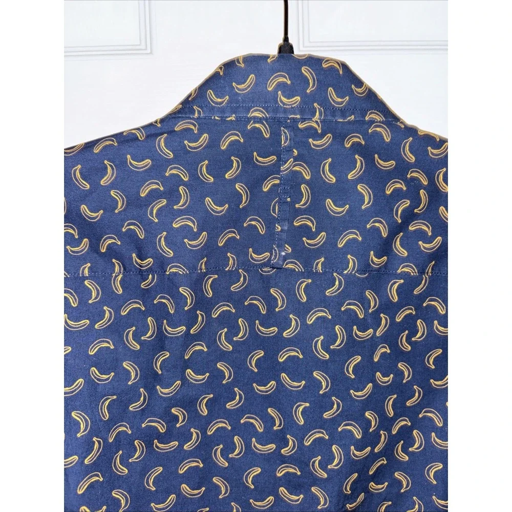 Banana Republic Men's M Shirt Navy Blue Banana Print Luxe Poplin LS Button-down
